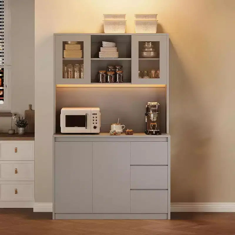 Grand meuble de cuisine de 180 cm de haut, buffet de rangement de cuisine avec lumières LED et prises de courant, support pour micro-ondes, porte en verre