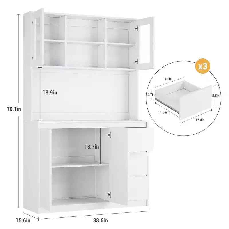 Grand meuble de cuisine de 180 cm de haut, buffet de rangement de cuisine avec lumières LED et prises de courant, support pour micro-ondes, porte en verre