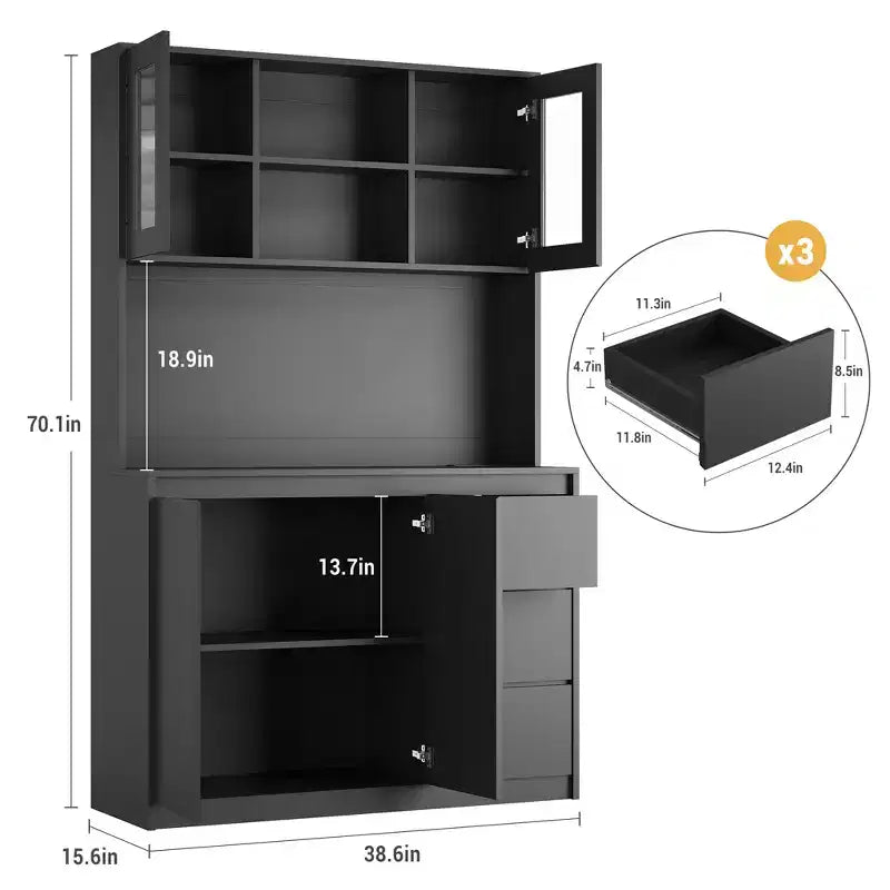 Grand meuble de cuisine de 180 cm de haut, buffet de rangement de cuisine avec lumières LED et prises de courant, support pour micro-ondes, porte en verre