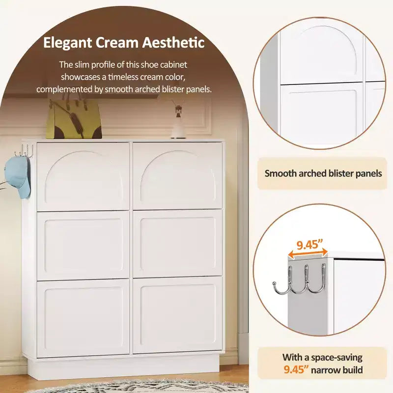 CLIHOME Meuble à Chaussures Étroit sur Pied à Benne Basculante avec 6 Tiroirs Basculants, Organisateur d'Entrée Style Crème avec 3 Crochets Argentés