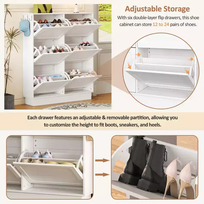 CLIHOME Meuble à Chaussures Étroit sur Pied à Benne Basculante avec 6 Tiroirs Basculants, Organisateur d'Entrée Style Crème avec 3 Crochets Argentés