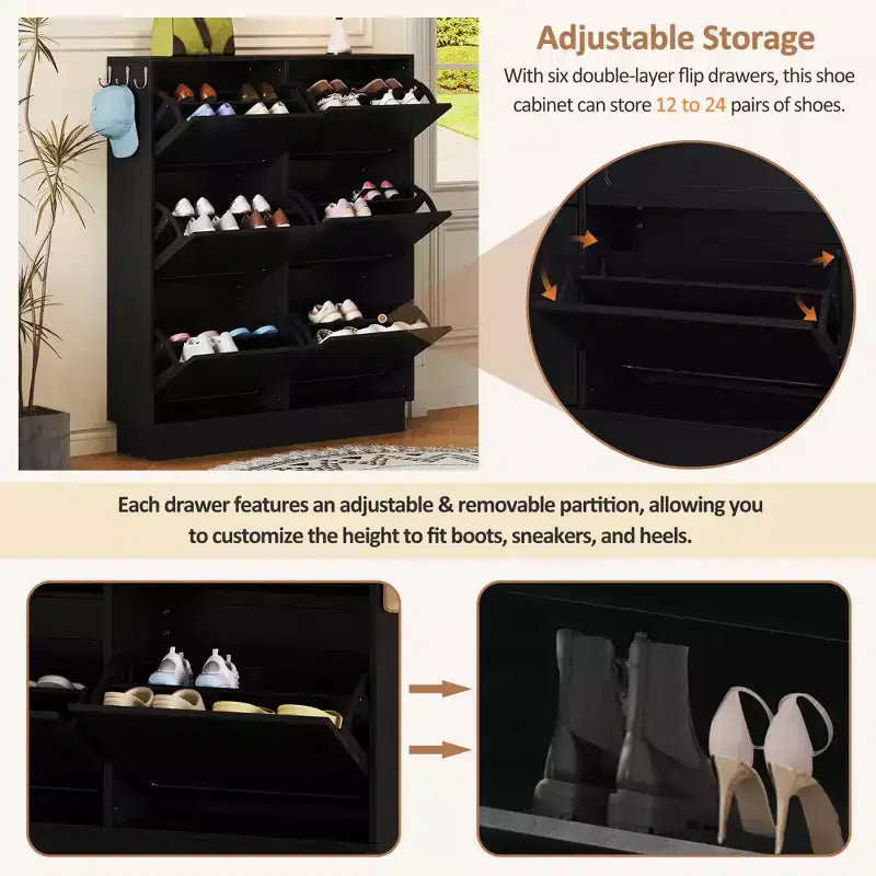 CLIHOME Meuble à Chaussures Étroit sur Pied à Benne Basculante avec 6 Tiroirs Basculants, Organisateur d'Entrée Style Crème avec 3 Crochets Argentés