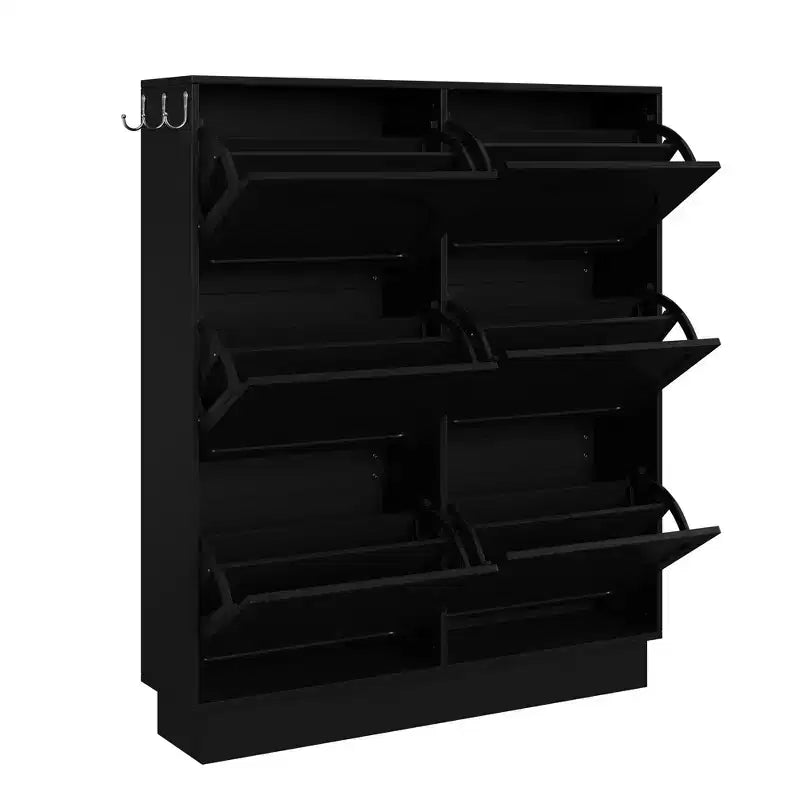 CLIHOME Meuble à Chaussures Étroit sur Pied à Benne Basculante avec 6 Tiroirs Basculants, Organisateur d'Entrée Style Crème avec 3 Crochets Argentés