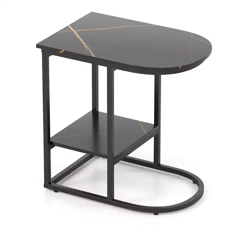 Costway C-shaped End Table Modern Sofa Side Table w/ Faux Marble Tabletop & Storage Shelf Black