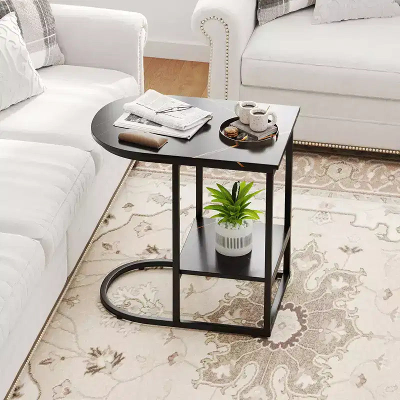 Table d'appoint en C pour canapé moderne Costway avec plateau en faux marbre et étagère de rangement Noir