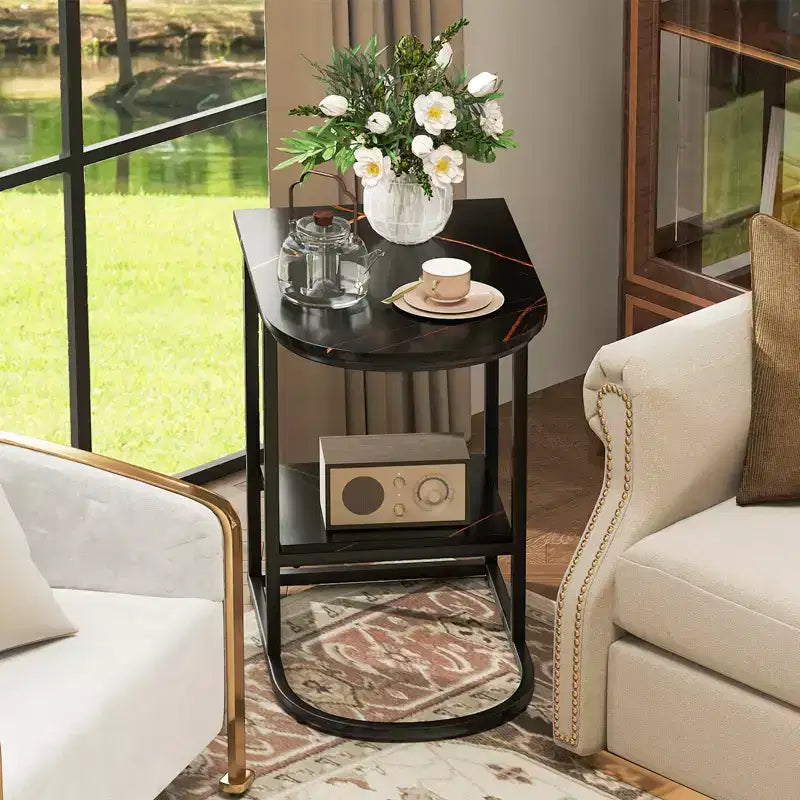 Table d'appoint en C pour canapé moderne Costway avec plateau en faux marbre et étagère de rangement Noir