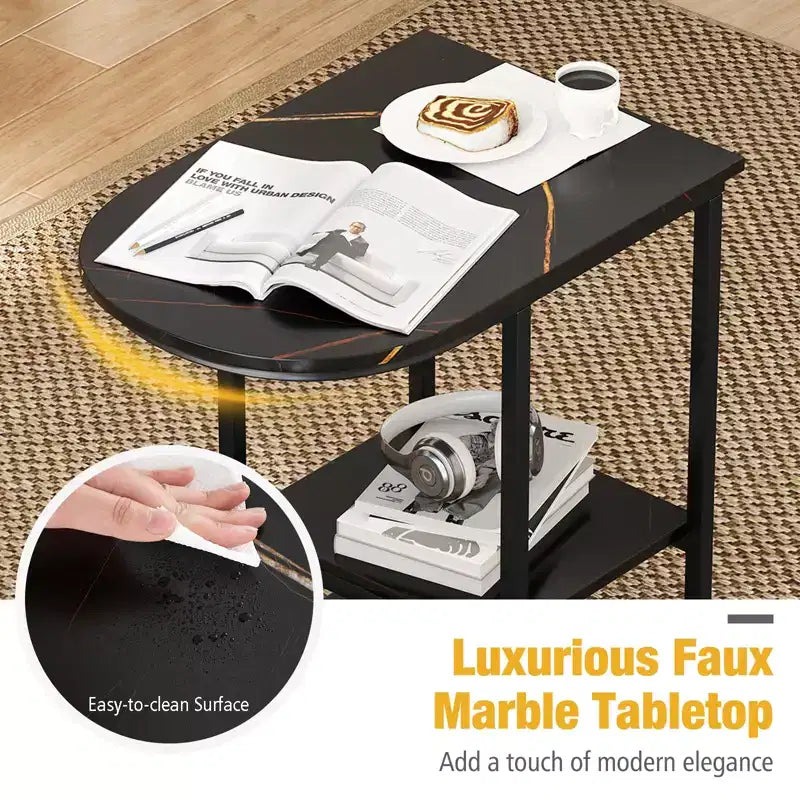 Table d'appoint en C pour canapé moderne Costway avec plateau en faux marbre et étagère de rangement Noir