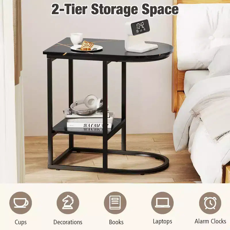 Table d'appoint en C pour canapé moderne Costway avec plateau en faux marbre et étagère de rangement Noir