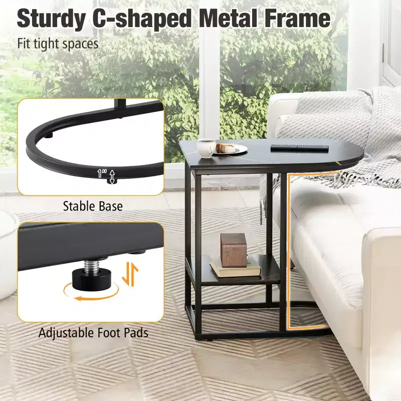 Table d'appoint en C pour canapé moderne Costway avec plateau en faux marbre et étagère de rangement Noir