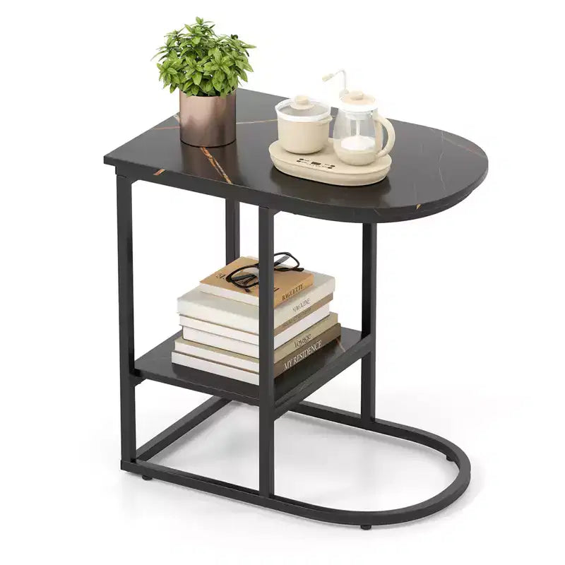 Table d'appoint en C pour canapé moderne Costway avec plateau en faux marbre et étagère de rangement Noir