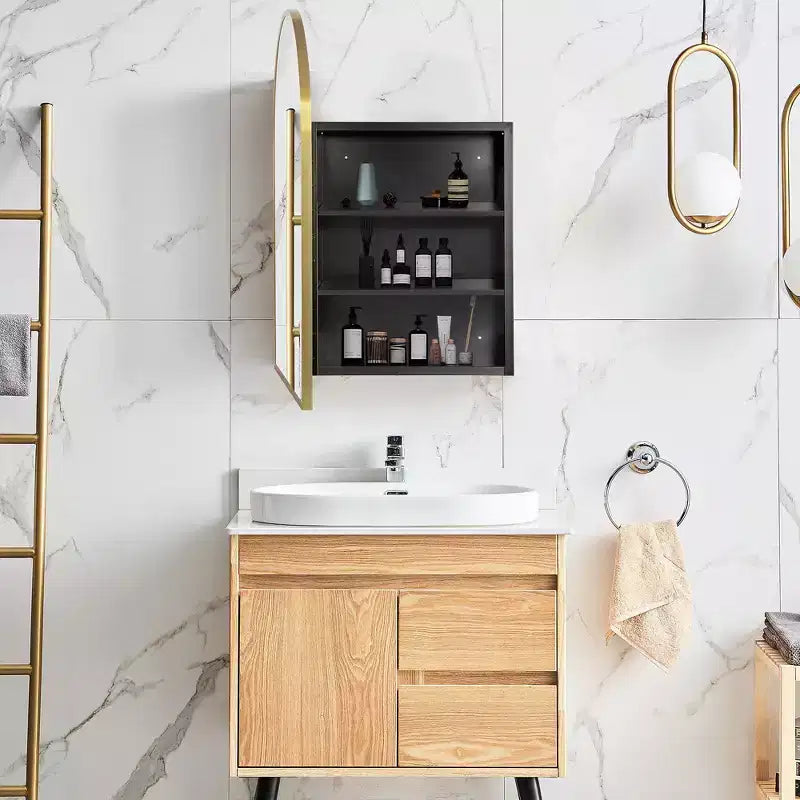 PexFix 36 x 24 Armoire de salle de bain encastrée arquée avec miroir, cadre en acier inoxydable et 2 étagères réglables, armoires à pharmacie murales, miroirs, or