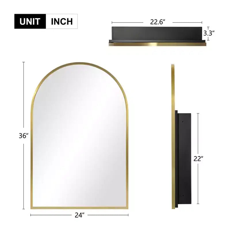 PexFix 36 x 24 Armoire de salle de bain encastrée arquée avec miroir, cadre en acier inoxydable et 2 étagères réglables, armoires à pharmacie murales, miroirs, or