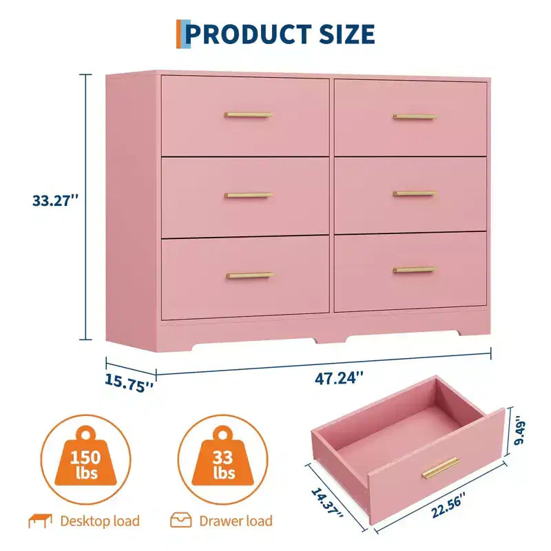 Commode de chambre GustoWave avec 6 tiroirs, commode de rangement moderne avec poignée en métal, organisateur de commode en bois pour chambre à coucher