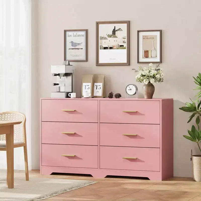 Commode de chambre GustoWave avec 6 tiroirs, commode de rangement moderne avec poignée en métal, organisateur de commode en bois pour chambre à coucher