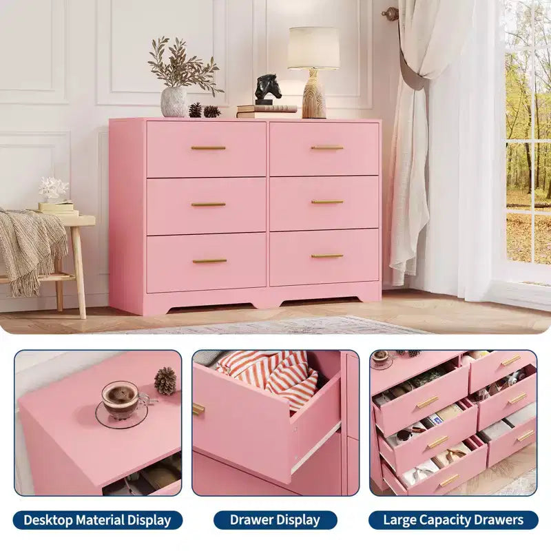 Commode de chambre GustoWave avec 6 tiroirs, commode de rangement moderne avec poignée en métal, organisateur de commode en bois pour chambre à coucher