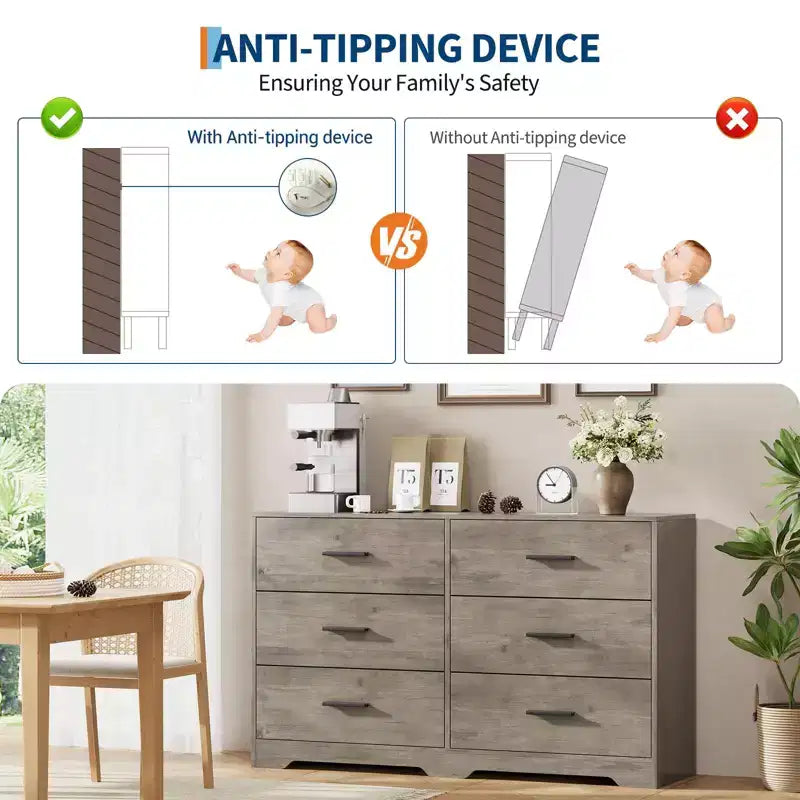 Commode de chambre GustoWave avec 6 tiroirs, commode de rangement moderne avec poignée en métal, organisateur de commode en bois pour chambre à coucher