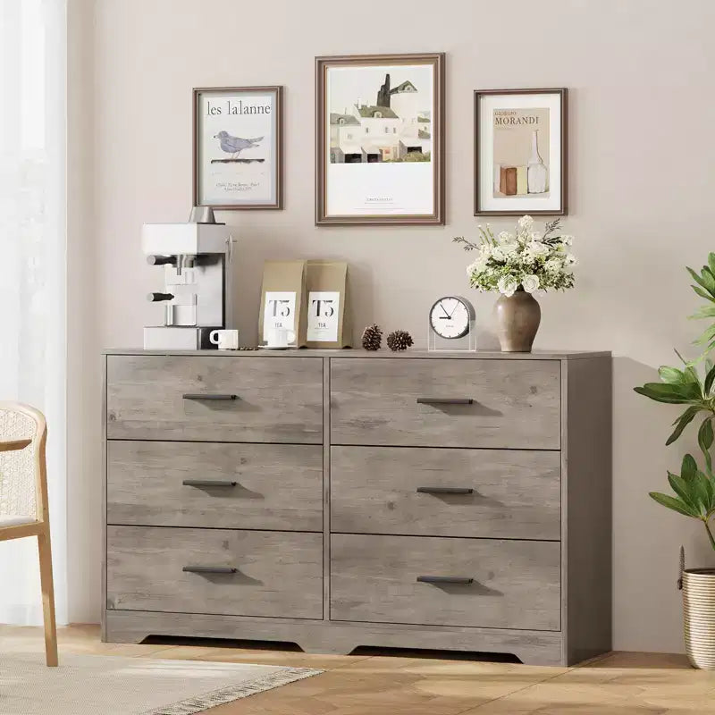 Commode de chambre GustoWave avec 6 tiroirs, commode de rangement moderne avec poignée en métal, organisateur de commode en bois pour chambre à coucher