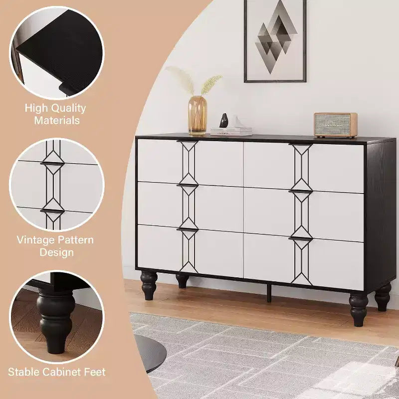 COZONY Commode Moderne à 6 Tiroirs en Bois avec Motif Vintage et Tiroirs Profonds – Meuble de Rangement pour Chambre, Salon et Entrée