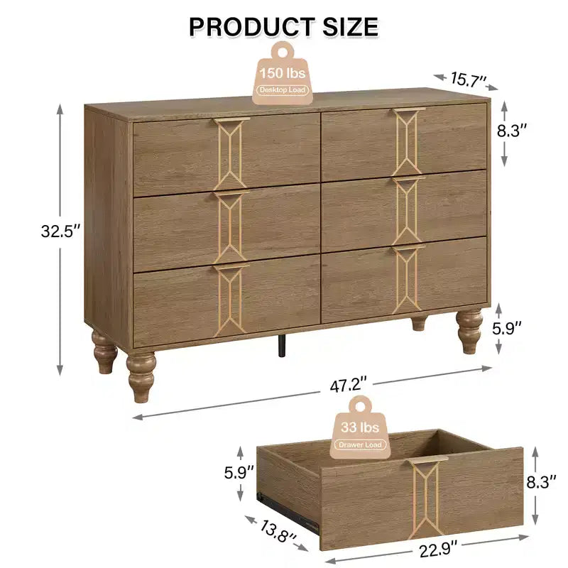 COZONY Commode Moderne à 6 Tiroirs en Bois avec Motif Vintage et Tiroirs Profonds – Meuble de Rangement pour Chambre, Salon et Entrée