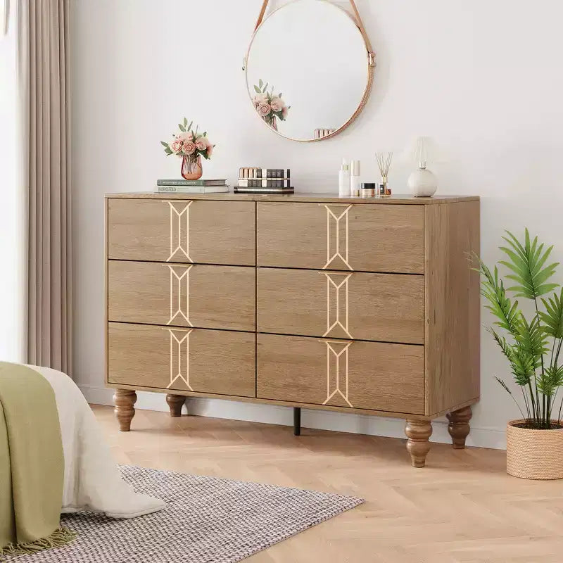COZONY Commode Moderne à 6 Tiroirs en Bois avec Motif Vintage et Tiroirs Profonds – Meuble de Rangement pour Chambre, Salon et Entrée