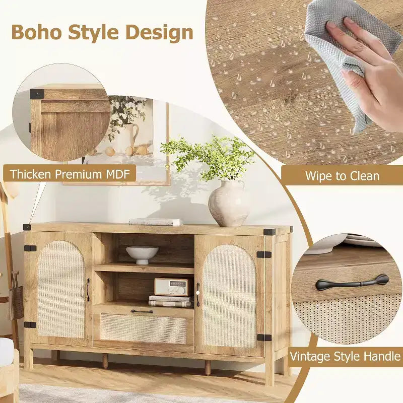 Buffet en rotin de 150 cm, meuble de bar à café de cuisine avec portes et tiroir, buffet bohème avec étagères réglables et poignée pour salon
