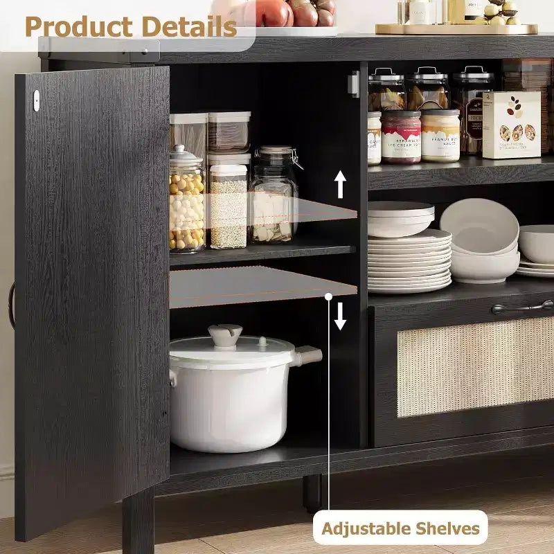 Buffet en rotin de 150 cm, meuble de bar à café de cuisine avec portes et tiroir, buffet bohème avec étagères réglables et poignée pour salon