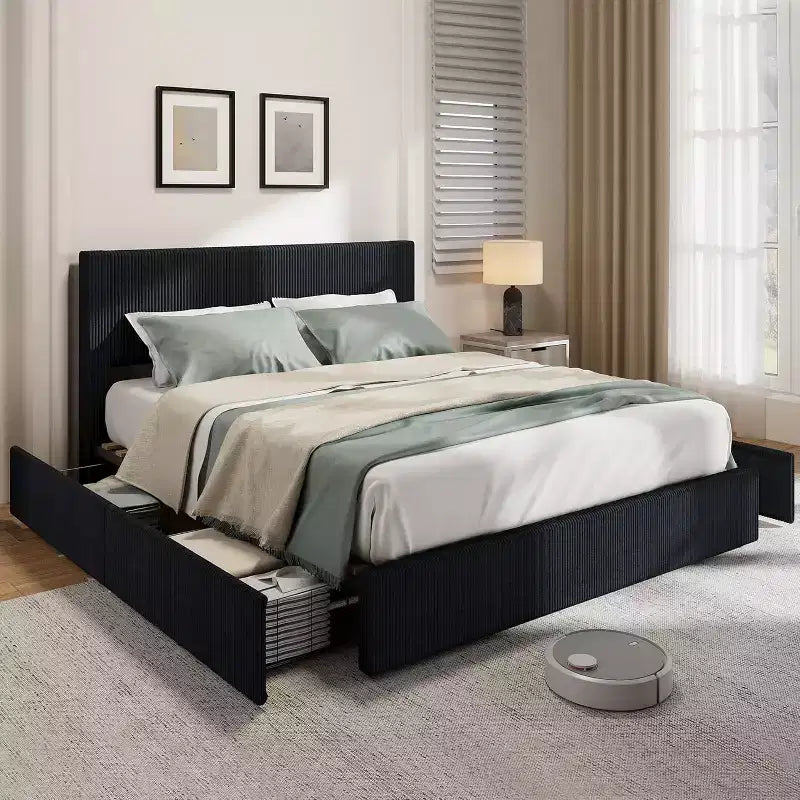 Full/Queen/King Size Platform Bed Frame  Corduroy Channel Tufted Headboard, 4 Storage Drawers, Strong Wooden Slats, No Box Spring Needed