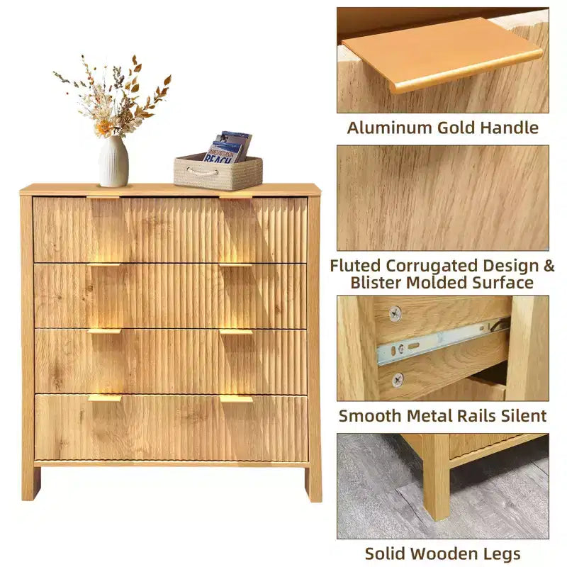 Commode à 4 tiroirs pour chambre à coucher, commode haute cannelée, commode de chambre à coucher, commode moderne du milieu du siècle pour chambre à coucher, salon, couloir, placard, chêne