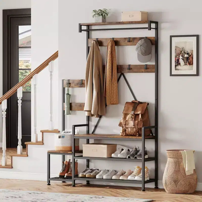 GustoWave Portemanteau d'entrée avec banc et rangement à chaussures, porte-manteau parent-enfant, banc à chaussures, meuble d'entrée avec étagère à chaussures, casiers de rangement, crochets