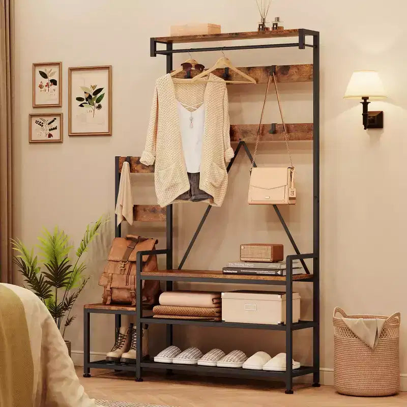 GustoWave Portemanteau d'entrée avec banc et rangement à chaussures, porte-manteau parent-enfant, banc à chaussures, meuble d'entrée avec étagère à chaussures, casiers de rangement, crochets