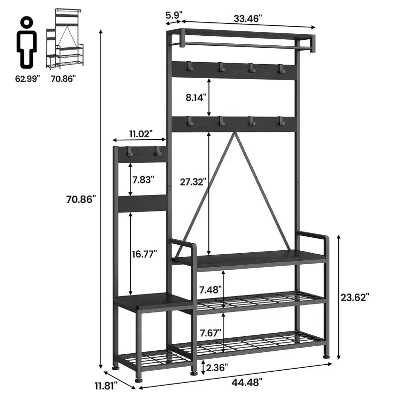 GustoWave Portemanteau d'entrée avec banc et rangement à chaussures, porte-manteau parent-enfant, banc à chaussures, meuble d'entrée avec étagère à chaussures, casiers de rangement, crochets