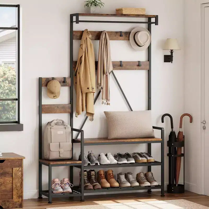 GustoWave Portemanteau d'entrée avec banc et rangement à chaussures, porte-manteau parent-enfant, banc à chaussures, meuble d'entrée avec étagère à chaussures, casiers de rangement, crochets