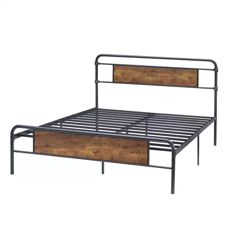 Cadre de lit plateforme grand format avec tête de lit rustique en bois vintage, sommier, support à lattes métalliques solides, aucun sommier tapissier requis