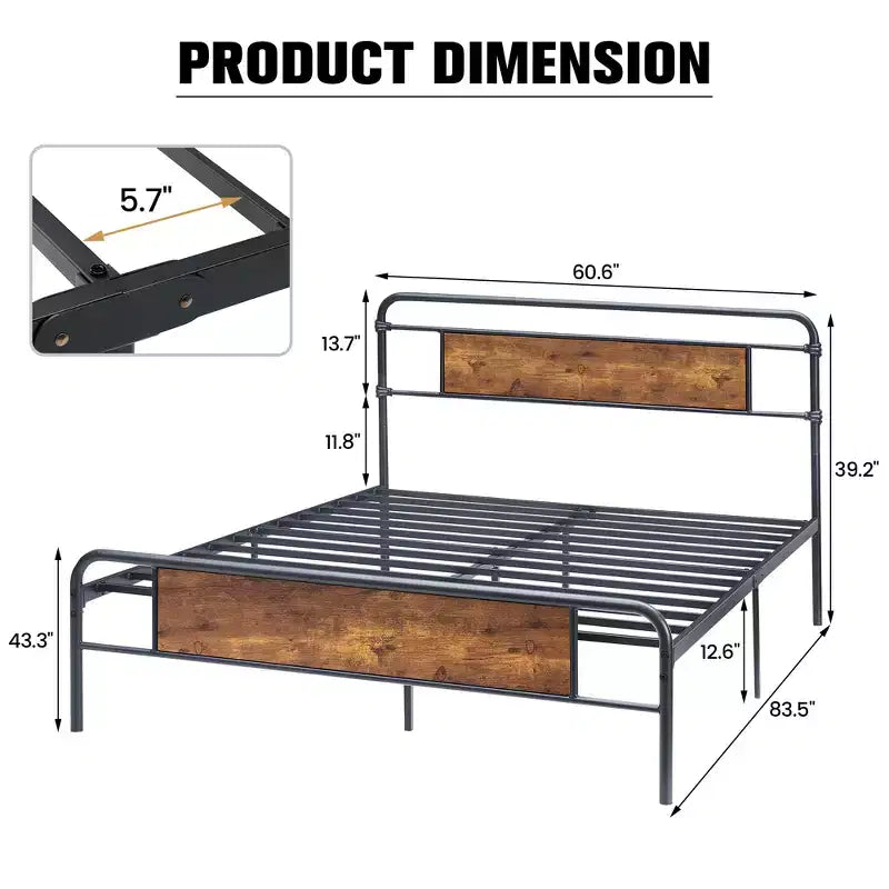 Cadre de lit plateforme grand format avec tête de lit rustique en bois vintage, sommier, support à lattes métalliques solides, aucun sommier tapissier requis