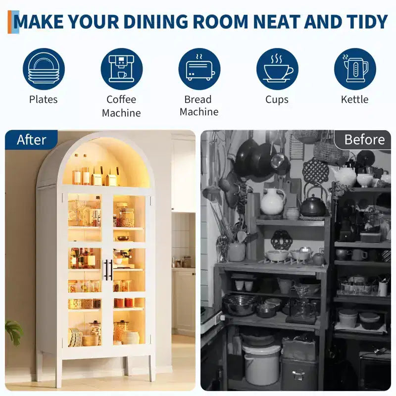 Meuble de rangement haut de cuisine arqué de 70 po avec lumières DEL, étagère arquée avec portes en verre et tablettes réglables, pour cuisine, salle à manger, salon