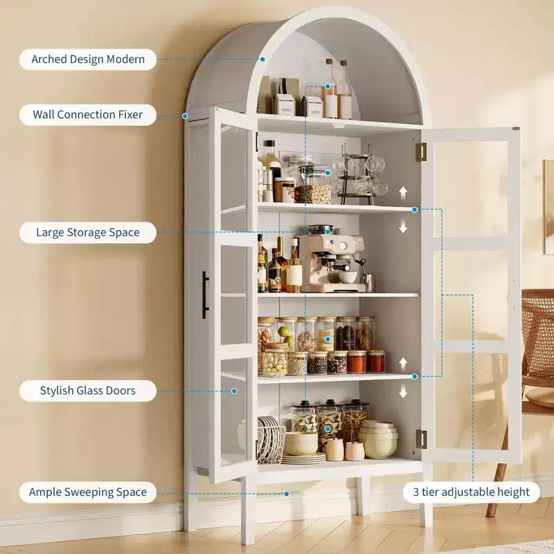 Meuble de rangement haut de cuisine arqué de 70 po avec lumières DEL, étagère arquée avec portes en verre et tablettes réglables, pour cuisine, salle à manger, salon