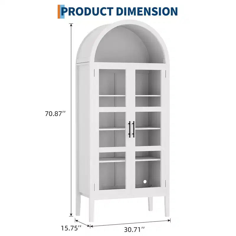 Meuble de rangement haut de cuisine arqué de 70 po avec lumières DEL, étagère arquée avec portes en verre et tablettes réglables, pour cuisine, salle à manger, salon