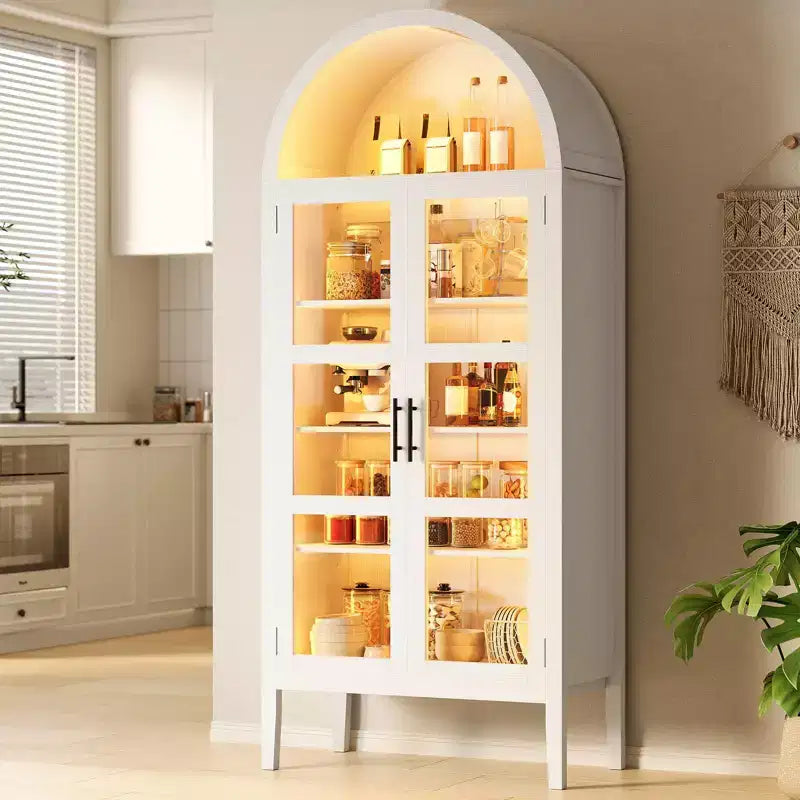 Meuble de rangement haut de cuisine arqué de 70 po avec lumières DEL, étagère arquée avec portes en verre et tablettes réglables, pour cuisine, salle à manger, salon