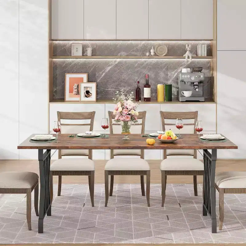 Acekool Table à Manger Longue de 180 cm, Plateau Rectangulaire Marron Foncé, Piétement en X Noir, 48 Places, Style Rustique Moderne, Pieds en Acier