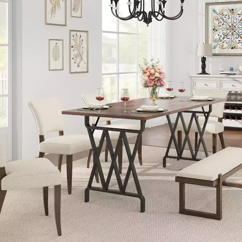 Acekool Table à Manger Longue de 180 cm, Plateau Rectangulaire Marron Foncé, Piétement en X Noir, 48 Places, Style Rustique Moderne, Pieds en Acier