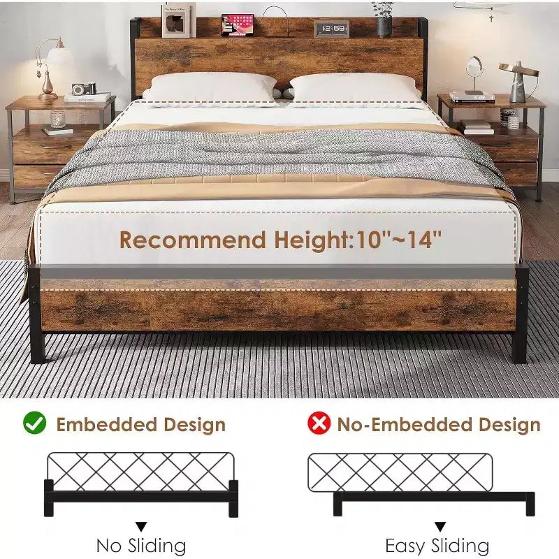 Cadre de lit plateforme King Size Acekool avec rangement, station de charge USB, cadre en métal industriel, tête de lit en bois, pas besoin de sommier tapissier