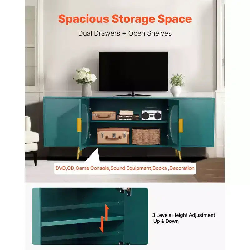 Meuble TV VEVOR pour téléviseurs jusqu'à 75 pouces, meuble de divertissement moderne avec portes vitrées et pieds dorés, meuble de rangement TV avec étagères réglables, vert