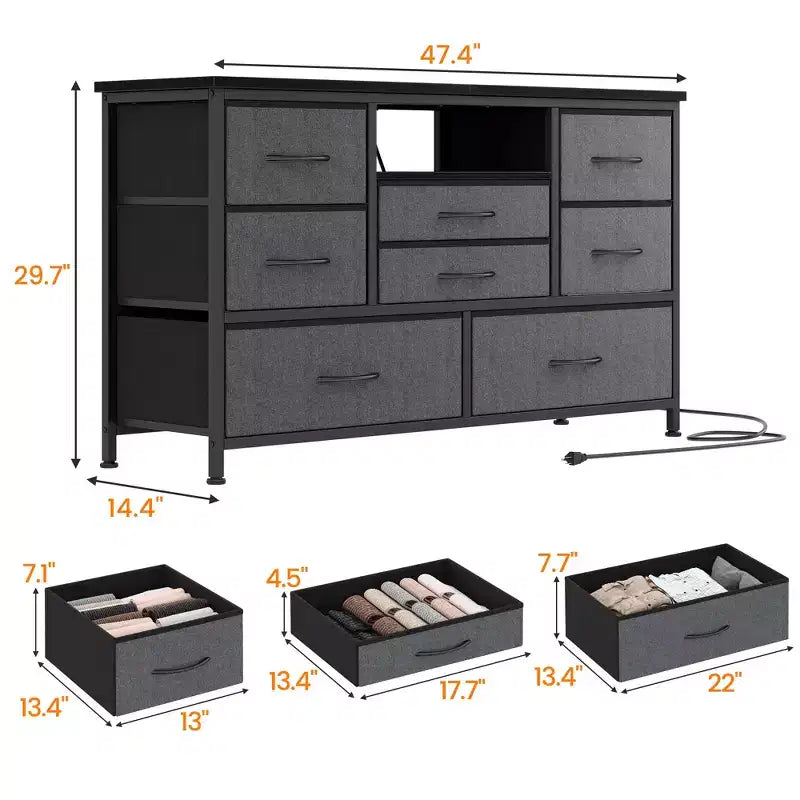 COZONY Commode TV 8 Tiroirs 119 cm de Large - Meuble de Rangement Spacieux avec Prises Électriques pour Chambre, Salon et Entrée