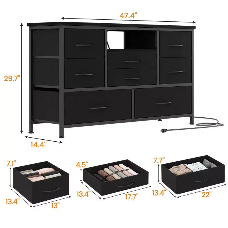 COZONY Commode TV 8 Tiroirs 119 cm de Large - Meuble de Rangement Spacieux avec Prises Électriques pour Chambre, Salon et Entrée