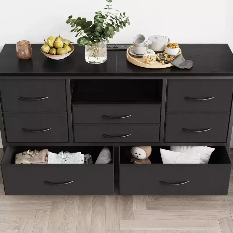COZONY Commode TV 8 Tiroirs 119 cm de Large - Meuble de Rangement Spacieux avec Prises Électriques pour Chambre, Salon et Entrée