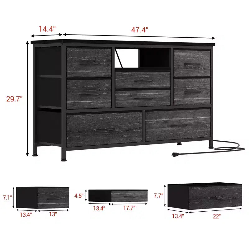 COZONY Commode TV 8 Tiroirs 119 cm de Large - Meuble de Rangement Spacieux avec Prises Électriques pour Chambre, Salon et Entrée