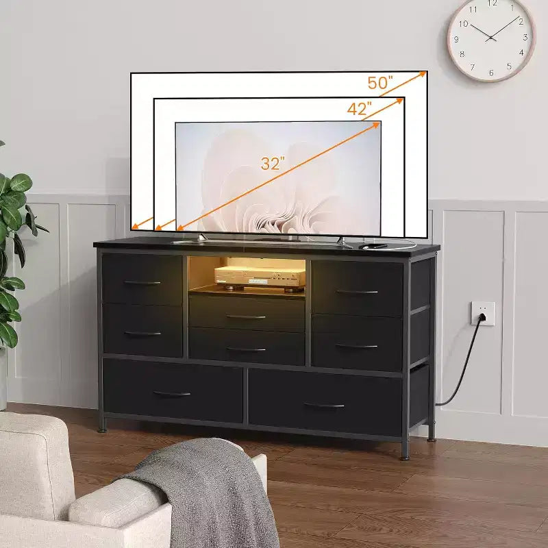 COZONY Commode TV 8 Tiroirs 119 cm de Large - Meuble de Rangement Spacieux avec Prises Électriques pour Chambre, Salon et Entrée