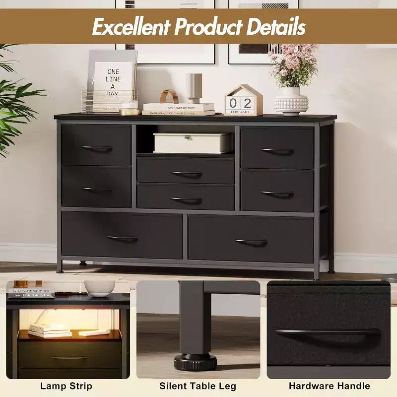 COZONY Commode TV 8 Tiroirs 119 cm de Large - Meuble de Rangement Spacieux avec Prises Électriques pour Chambre, Salon et Entrée