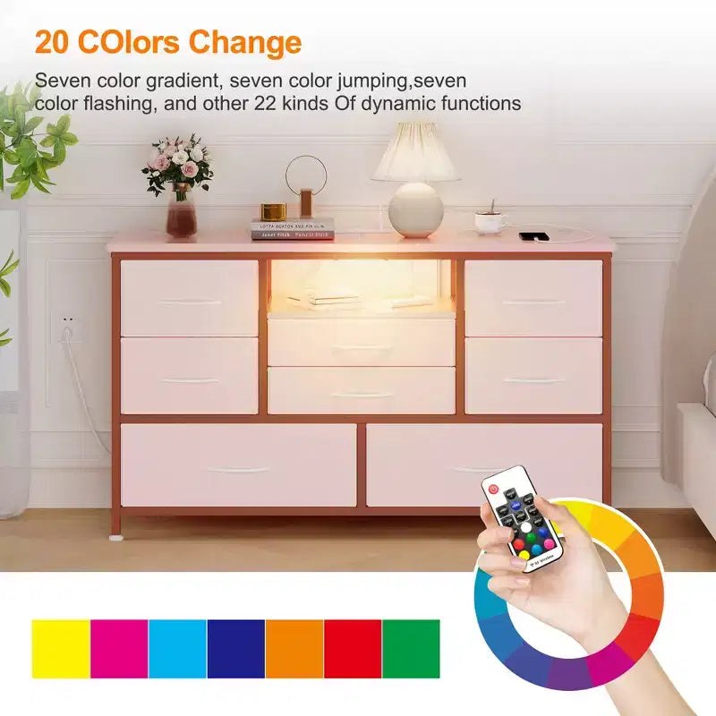 COZONY Commode TV 8 Tiroirs 119 cm de Large - Meuble de Rangement Spacieux avec Prises Électriques pour Chambre, Salon et Entrée