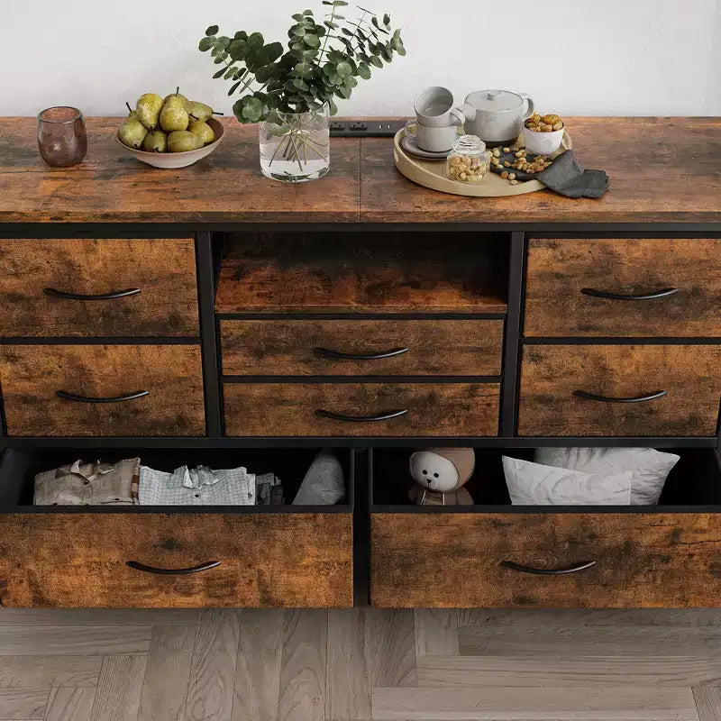 COZONY Commode TV 8 Tiroirs 119 cm de Large - Meuble de Rangement Spacieux avec Prises Électriques pour Chambre, Salon et Entrée